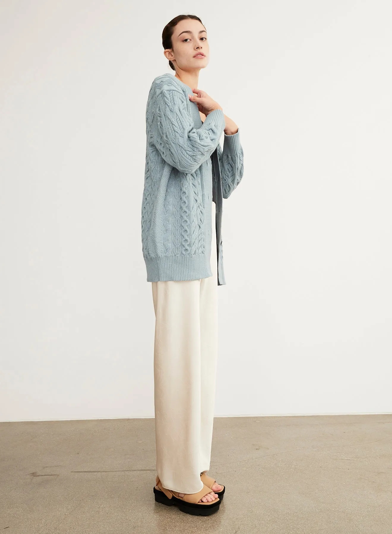 Vince - Aran Cable Cardigan in Light Sea Stone