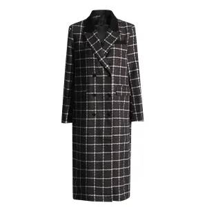 Vintage Plaid Wool Coat For Women Notched Collar Long Sleeve Double Breasted Colorblock Coats Female Clothing