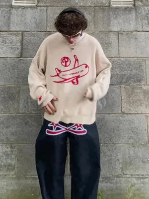 Wiaofellas  -  Casual Aircraft Embroidery Knitted Sweaters For Men's Fashion O Neck Long Sleeve Pullover Jumpers Autumn Loose Knit Tops