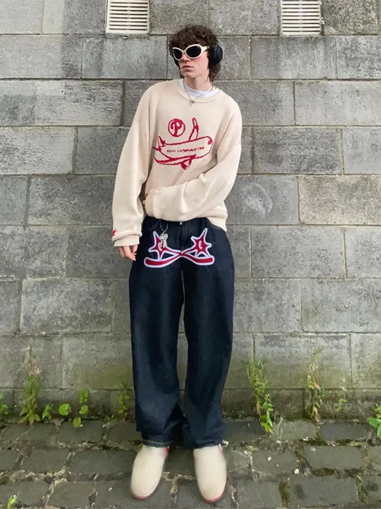 Wiaofellas  -  Casual Aircraft Embroidery Knitted Sweaters For Men's Fashion O Neck Long Sleeve Pullover Jumpers Autumn Loose Knit Tops