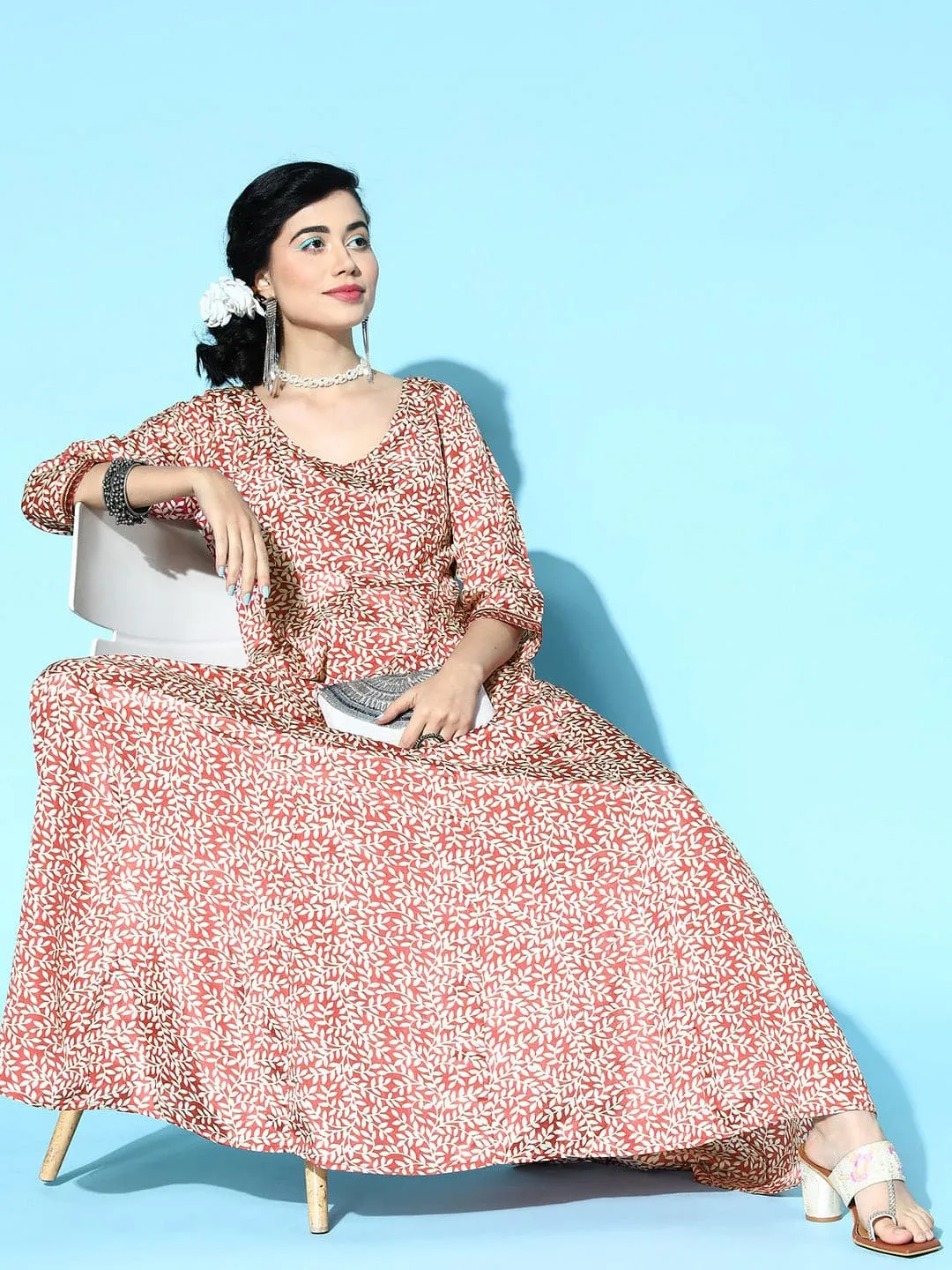 Women Rust Leaf Print Anarkali Maxi Dress
