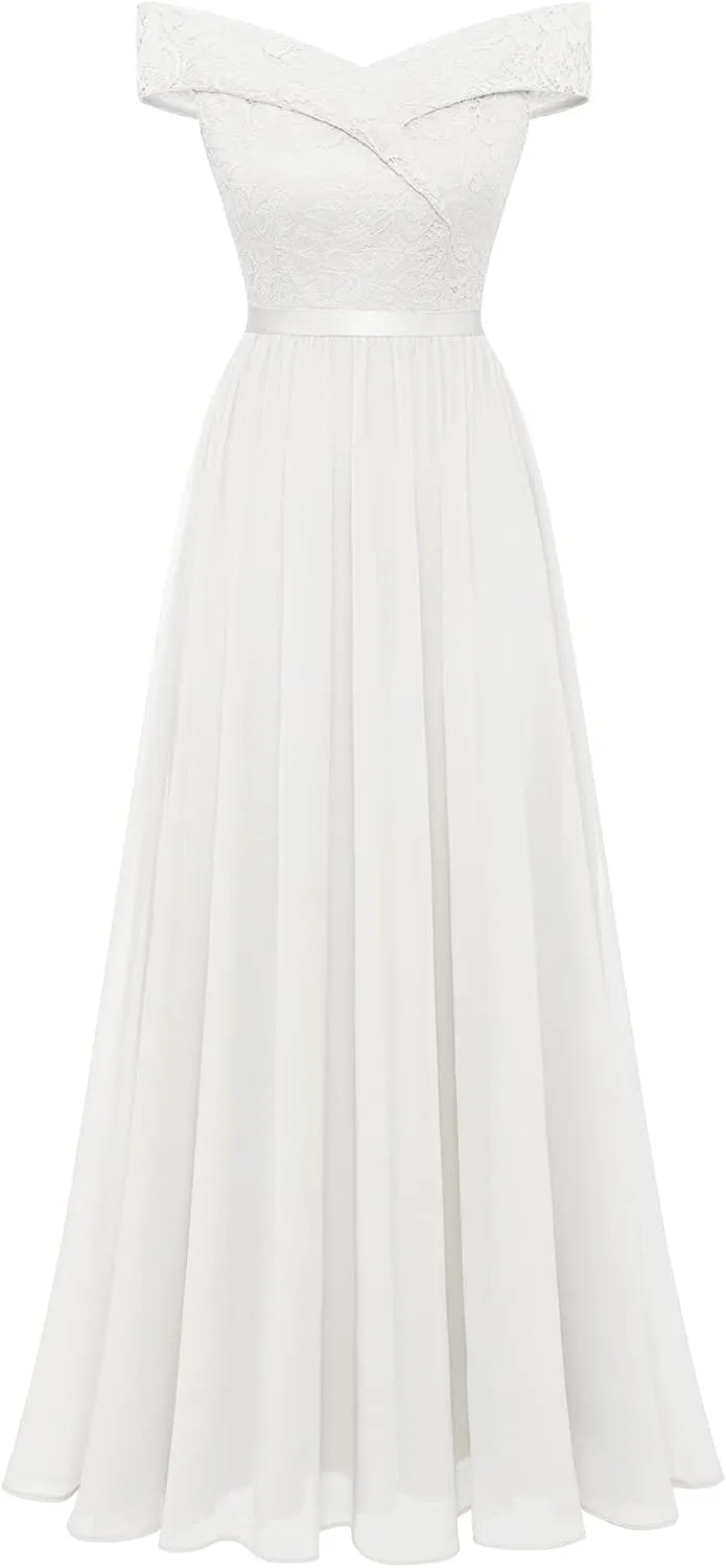 Women's Lace Bridesmaid Dress A-Line Off Shoulder Floral Lace Chiffon Prom Dresses